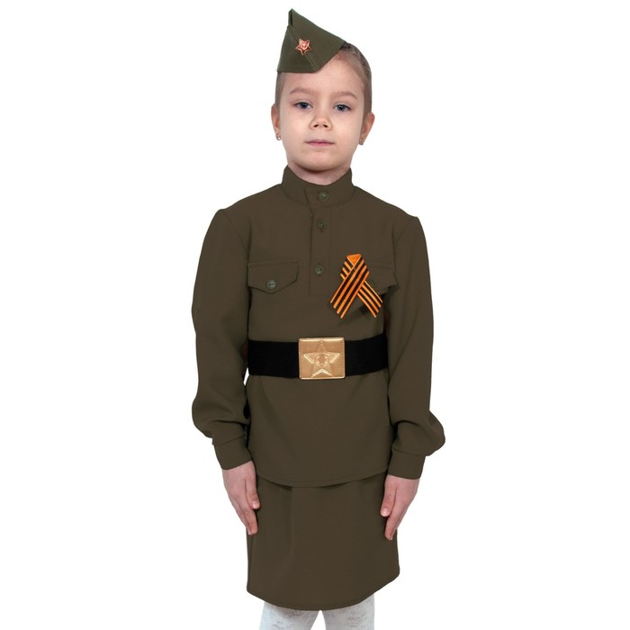 Карнавальный костюм «Солдаточка», гимнастёрка, ремень, юбка, пилотка, бант, рост 104-110 см - фото 1905628770