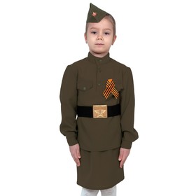 Карнавальный костюм «Солдаточка», гимнастёрка, ремень, юбка, пилотка, бант, рост 128-134 см