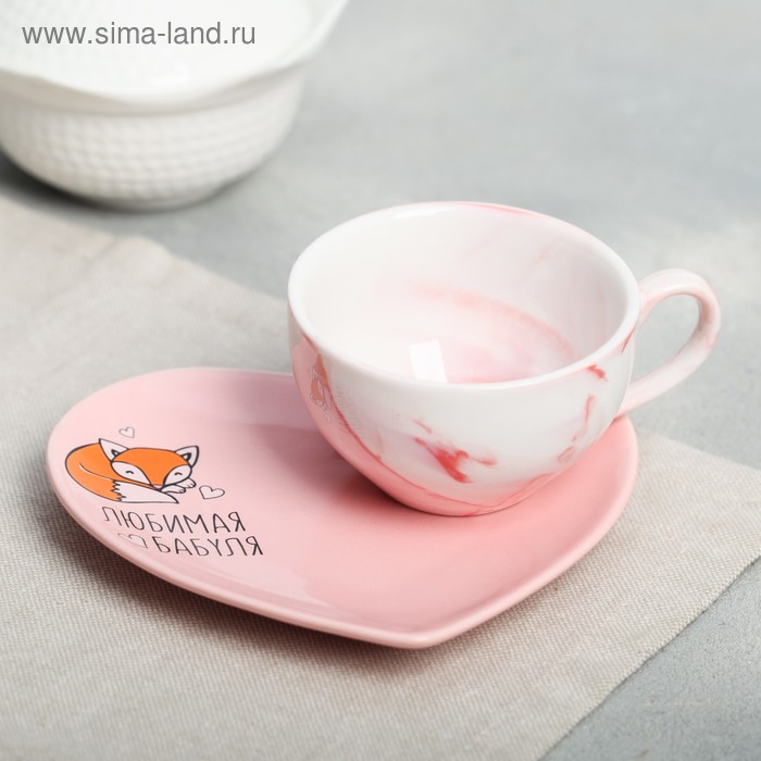 Подарочный набор керамический «Любимая бабушка»: кружка 120 мл, блюдце, цвет розовый - Фото 1