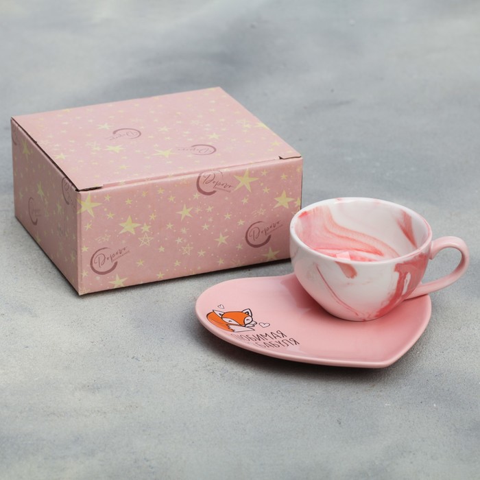 Подарочный набор керамический «Любимая бабушка»: кружка 120 мл, блюдце, цвет розовый - фото 1885003046