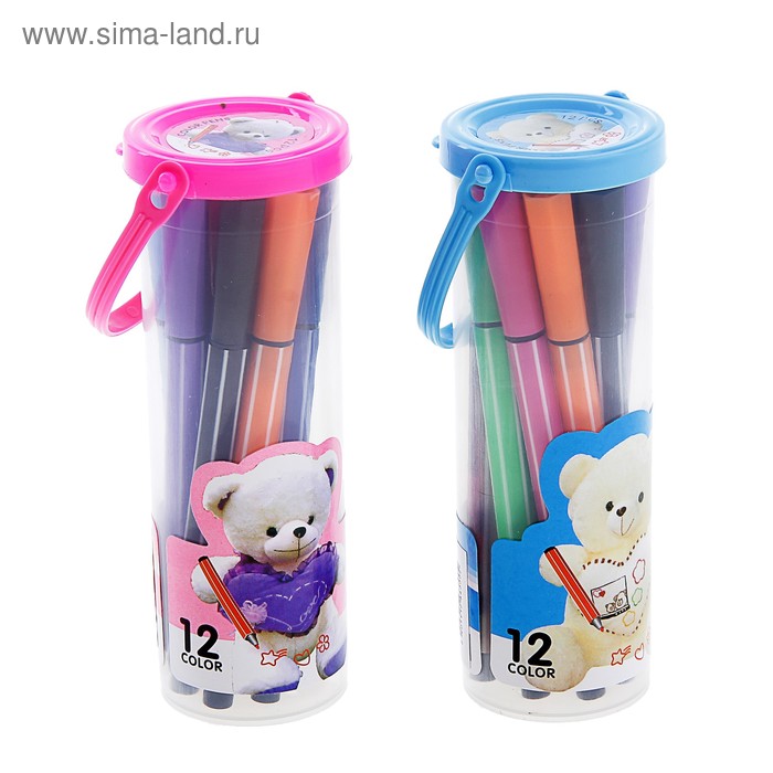 Фломастеры 12 цветов Полоски в пластиковом тубусе с ручкой,вентилируемый колпачок,МИКС - Фото 1