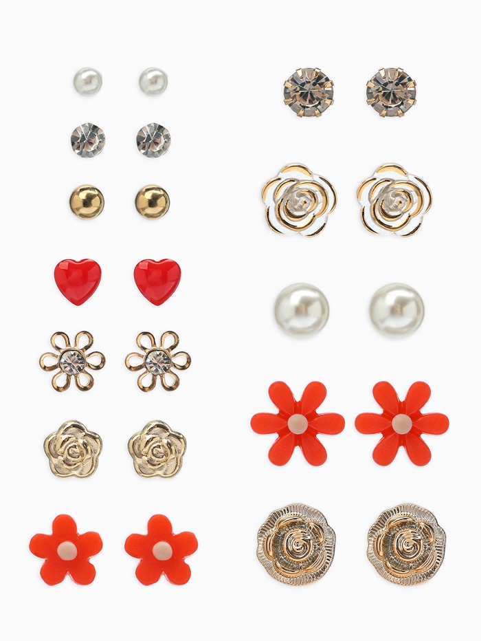 Серьги пусеты One year, 12 пар, цветочное ассорти, бело-розовые в золоте - Фото 1