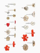 Серьги пусеты One year, 12 пар, цветочное ассорти, бело-розовые в золоте - Фото 2