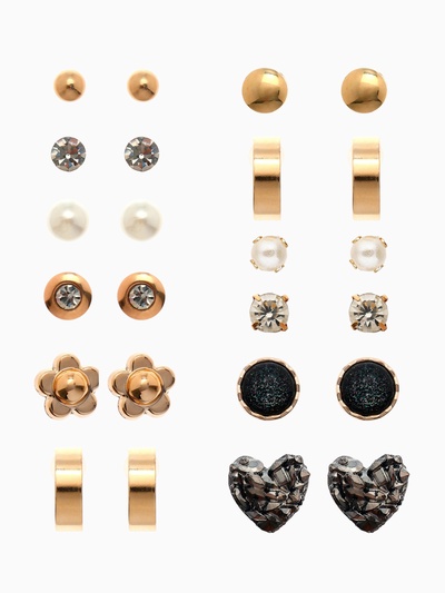 Серьги пусеты 12 пар One year, сердцем к сердцу, цветные в золоте