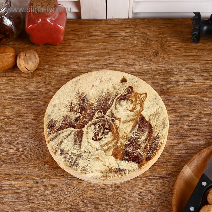 Доска разделочная из массива кедра «Волки», d=18 см - Фото 1