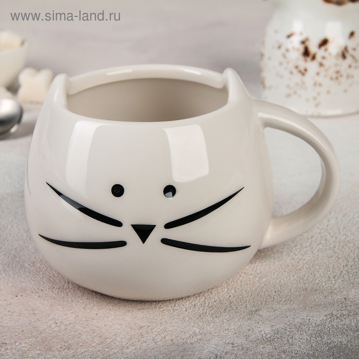 Кружка керамическая «Котик белый», 300 мл, 13,5×11×9,5 см - Фото 1