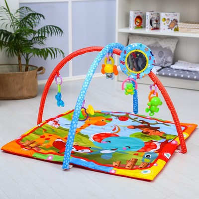 УЦЕНКА Развивающий коврик с дугами «Джунгли», 5 игрушек, зеркало, размер 85×85 см