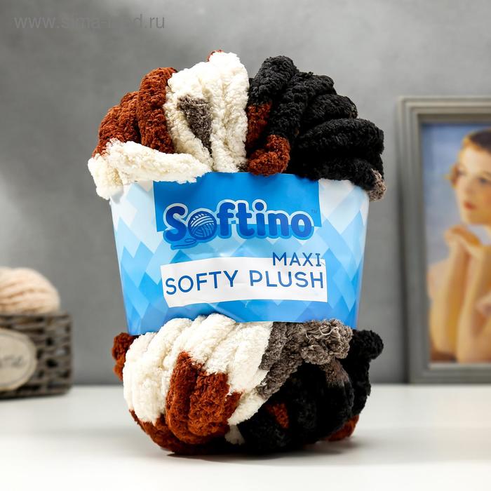 Пряжа фантазийная 100% полиэстер "Softy plush maxi" 250 гр 22 м меланж сливочно-чёрный - Фото 1
