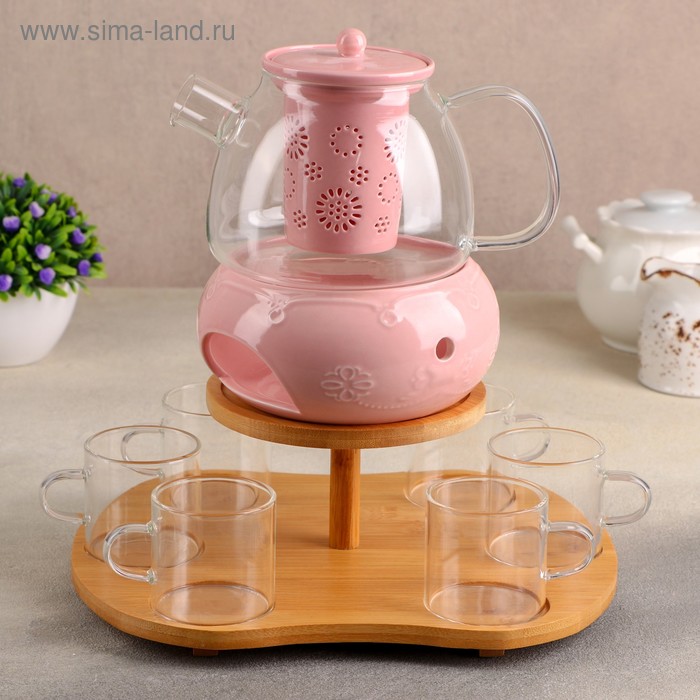 Набор чайный из стекла «Нежность», 9 предметов: чайник 700 мл, 6 кружек, цвет розовый - Фото 1