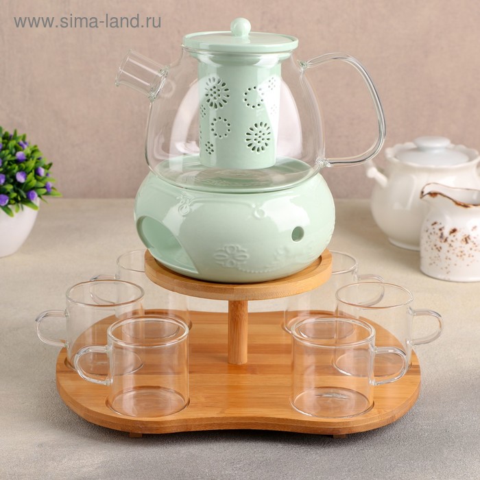 Набор чайный из стекла «Нежность», 9 предметов: чайник 700 мл, 6 кружек, цвет мятный - Фото 1