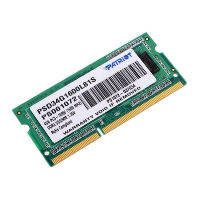 Память DDR3L Patriot PSD34G1600L81S, 4Гб, PC3-12800, 1600 МГц, SO-DIMM