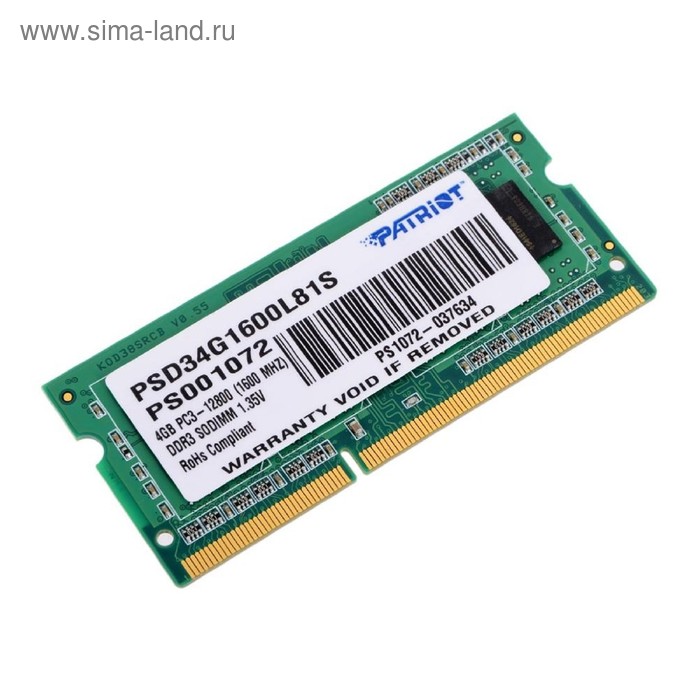 Память DDR3L Patriot PSD34G1600L81S, 4Гб, PC3-12800, 1600 МГц, SO-DIMM - Фото 1