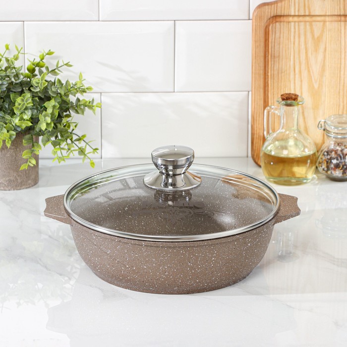 Жаровня Мечта «Гранит Brown», 2.4 л, d=26 см, стеклянная крышка, антипригарное покрытие, коричневая - Фото 1