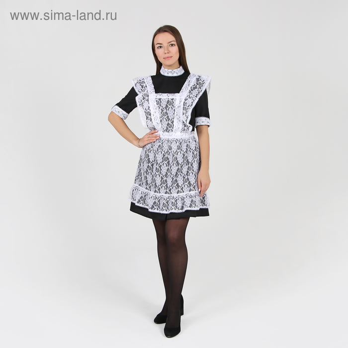 Школьный фартук с воланом по бретелям и низу, гипюр, цветы, р. 42-50, белый - Фото 1