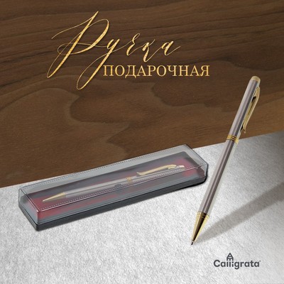 Ручка подарочная, шариковая, в пластиковом футляре, поворотная, «Эксперт», серая с золотистыми вставками