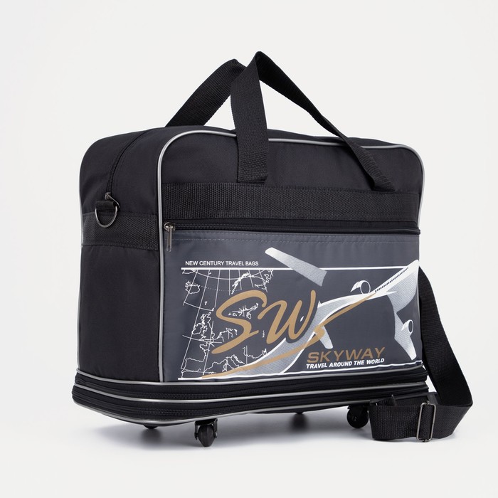 Сумка дорожная на колёсах, отдел на молнии с увеличением, наружный карман, длинный ремень, цвет чёрный/серый