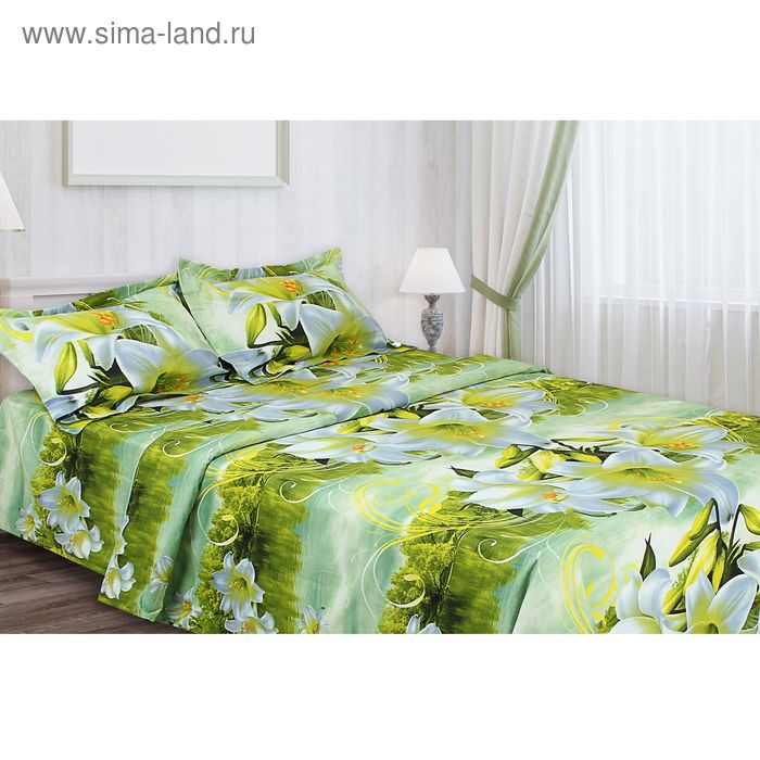 Постельное бельё "Этель престиж" евро Лилии на зеленом 200*220 см, 220*240 см, 50*70 + 5 см - 2 шт. - Фото 1