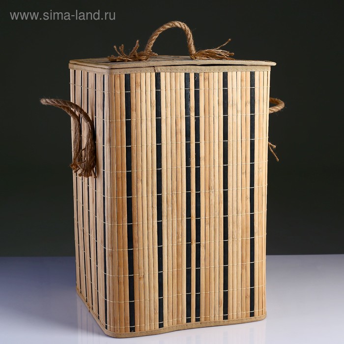Корзина для белья с крышкой складная с ручками 37х37 см Н 56 см, бамбук,джут - Фото 1