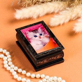 Шкатулка «Белый котенок на розовом пледе», 6×9 см, лаковая миниатюра