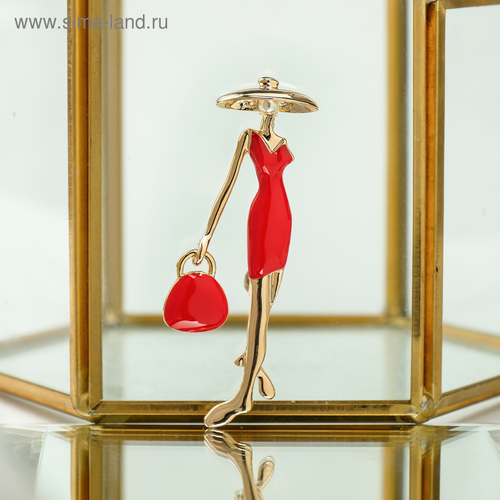 Брошь "Леди" с сумочкой, цвет красный в золоте - Фото 1