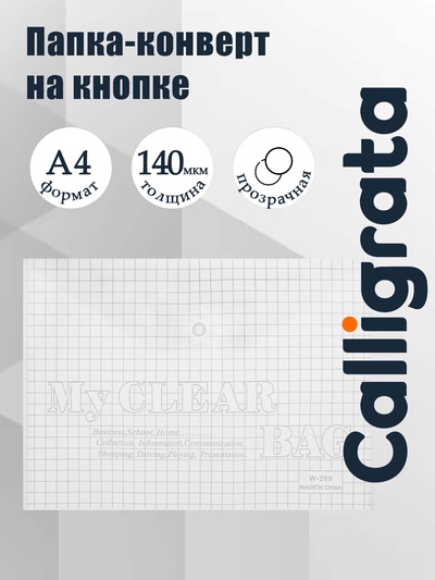 Папка-конверт на кнопке, А4, 140 мкм, Calligrata «Клетка», прозрачная