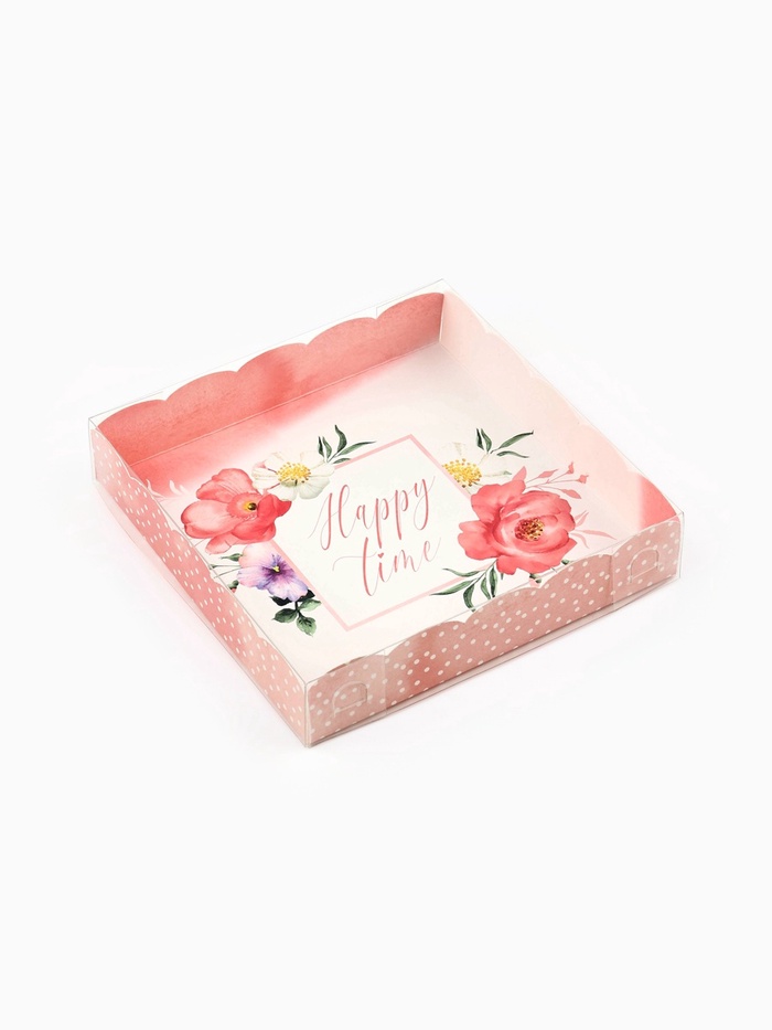 Коробка для печенья, кондитерская упаковка с пластиковой крышкой, Happy time, 15 х 15 х 3 см