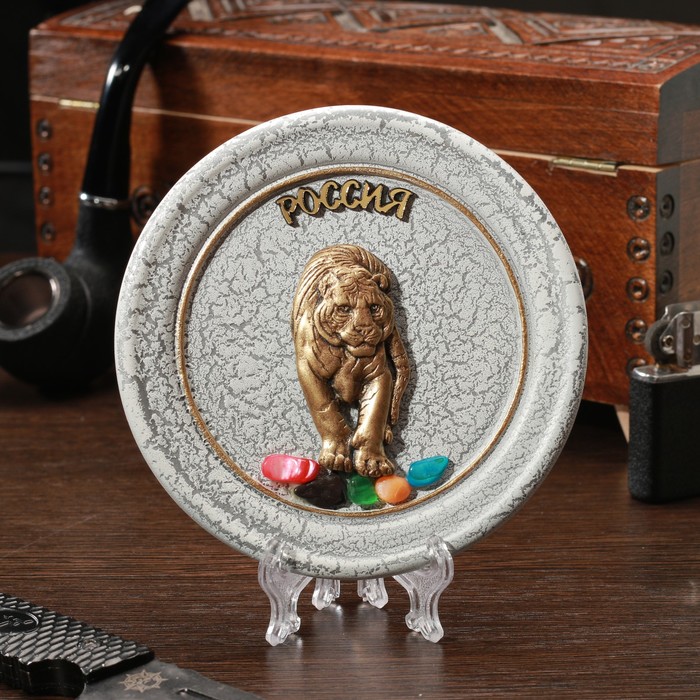 Тарелка сувенирная "Тигр", керамика, гипс, минералы, d=11 см - фото 1905633407