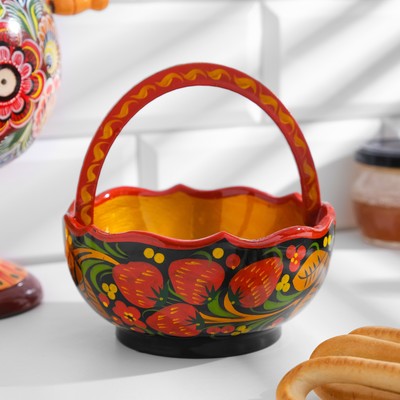 Конфетница с ручкой, 12-13×12-13 см, дерево, хохлома