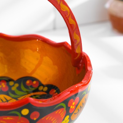 Конфетница с ручкой, 12-13×12-13 см, дерево, хохлома