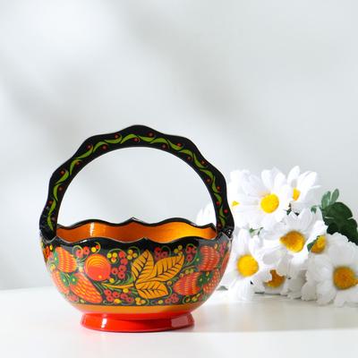 Конфетница с ручкой, 12-13×12-13 см, дерево, хохлома