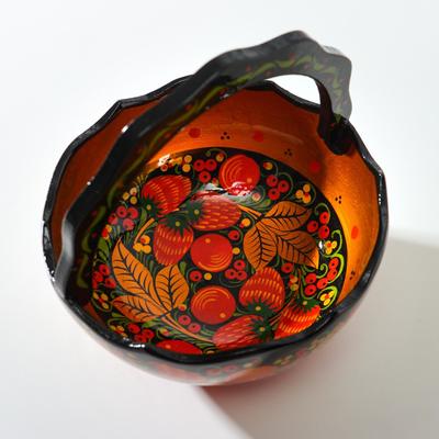 Конфетница с ручкой, 12-13×12-13 см, дерево, хохлома