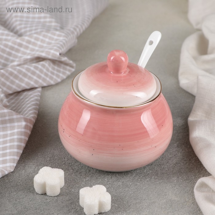 Сахарница фарфоровая с ложкой Доляна «Млечный путь», 330 мл, цвет розовый - Фото 1
