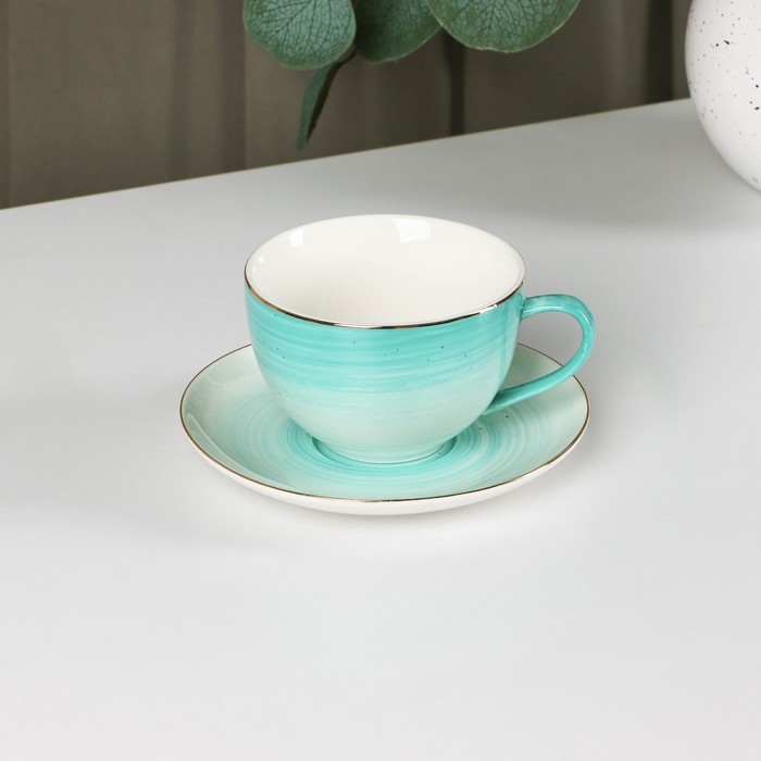 Чайная пара фарфоровая Доляна «Млечный путь», 2 предмета: чашка 220 мл, блюдце d=13,5 см, цвет бирюзовый - Фото 1