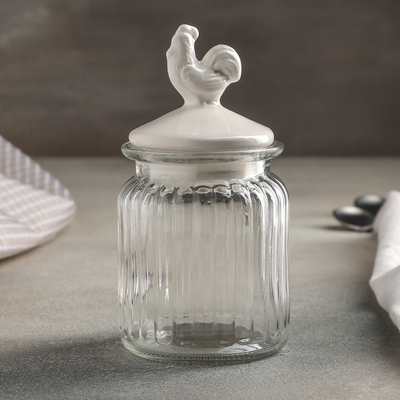 Банка стеклянная для сыпучих продуктов с керамической крышкой «Петух», 300 мл, 7.5×14.5 см, цвет крышки белый
