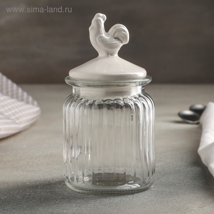 Банка стеклянная для сыпучих продуктов с керамической крышкой «Петух», 300 мл, 7.5×14.5 см, цвет крышки белый - Фото 1