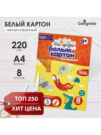 Картон белый А4 8 листов Calligrata, немелованный, картонная обложка, в папке