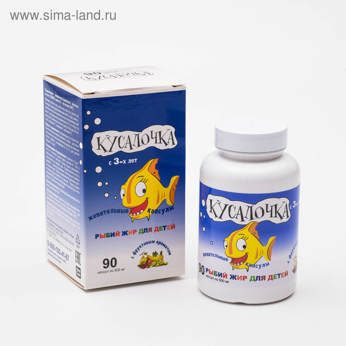 Рыбий жир для детей в жевательных Кусалочка, 90 капсул по 500 мг. - Фото 1