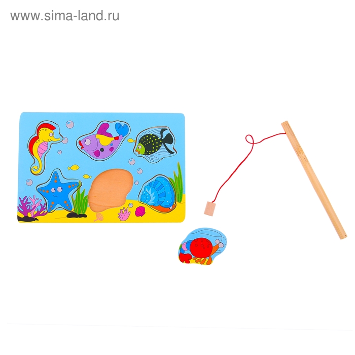 Рыбалка малая на голубом фоне "Морские жители", 6 элементов + удочка - Фото 1