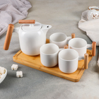 Набор керамический чайный на деревянной подставке «Эстет», 5 предметов: чайник с ситом 600 мл, 4 кружки 200 мл, 10,5×7×6,5 см - Фото 1