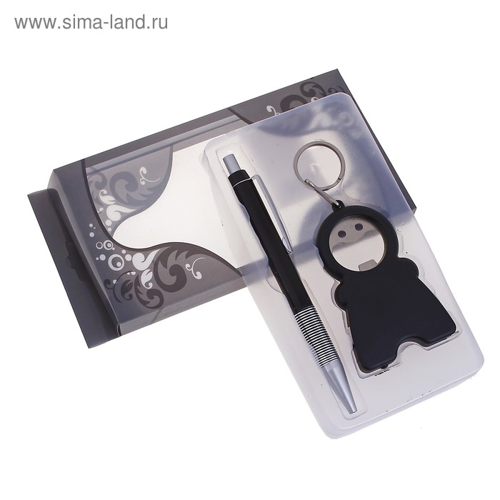 Набор подарочный 2в1: ручка, брелок-открывалка-рулетка-фонарик в виде человечка, черный - Фото 1