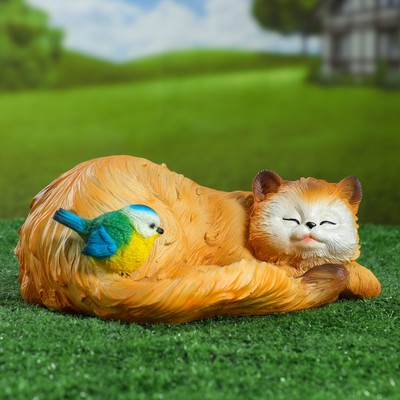Садовая фигура "Кошка спящая с птичкой" 13х29см