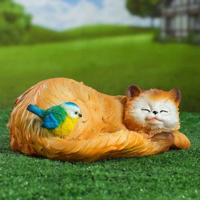 Садовая фигура "Кошка спящая с птичкой" 13х29см - фото 1907084210