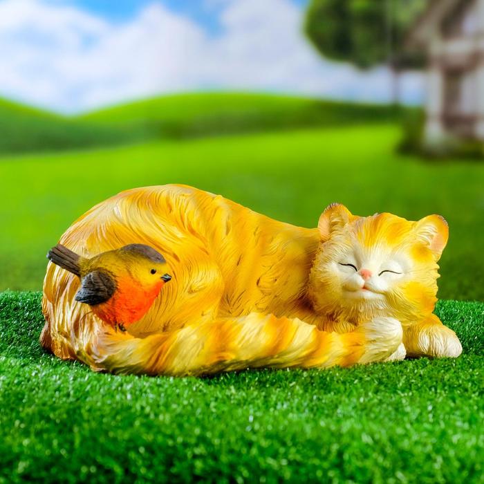 Садовая фигура "Кошка спящая с птичкой" 13х29см - фото 1907084214