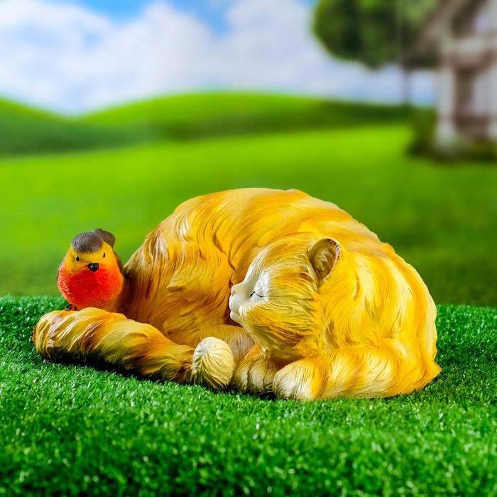 Садовая фигура "Кошка спящая с птичкой" 13х29см - фото 1907084215