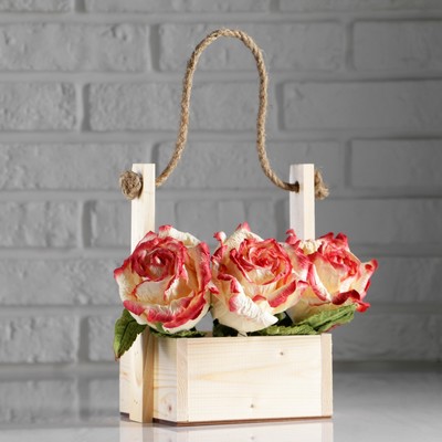 Кашпо для цветов «Ажур», 25×12×15 см, деревянное, ручка - верёвка