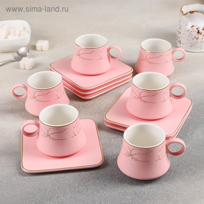 Набор керамический кофейный «Мейси», 12 предметов: 6 чашек 100 мл, 6 блюдец d=11 см, цвет розовый - Фото 1