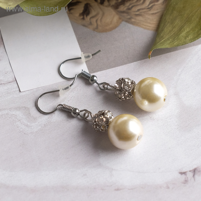 Серьги с жемчугом «Жасмин» малый квадрат со стразами, цвет белый в золоте - Фото 1