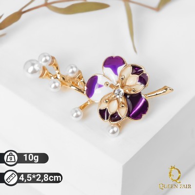 Брошь «Цветок» фиалка с жемчужинами, цвет бело-фиолетовый в золоте