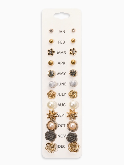 Серьги пусеты 12 пар One year, романтика, бело-серые в золоте