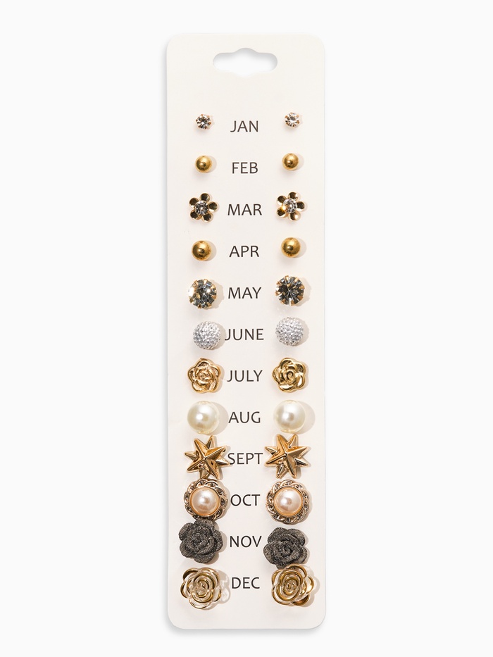 Серьги пусеты 12 пар One year, романтика, бело-серые в золоте - Фото 1